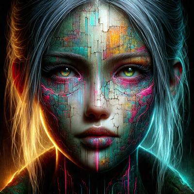 The primary subject of the image is a woman with a unique and artistic appearance. She has a mix of blue, pink, and green colors on her face, giving her a distinct and eye-catching look. The setting is a dark background, which contrasts with the vibrant colors of the woman's face. The visual style of the image is digital art, as it appears to be a digital painting or illustration. The overall atmosphere of the image is creative and intriguing, capturing the viewer'